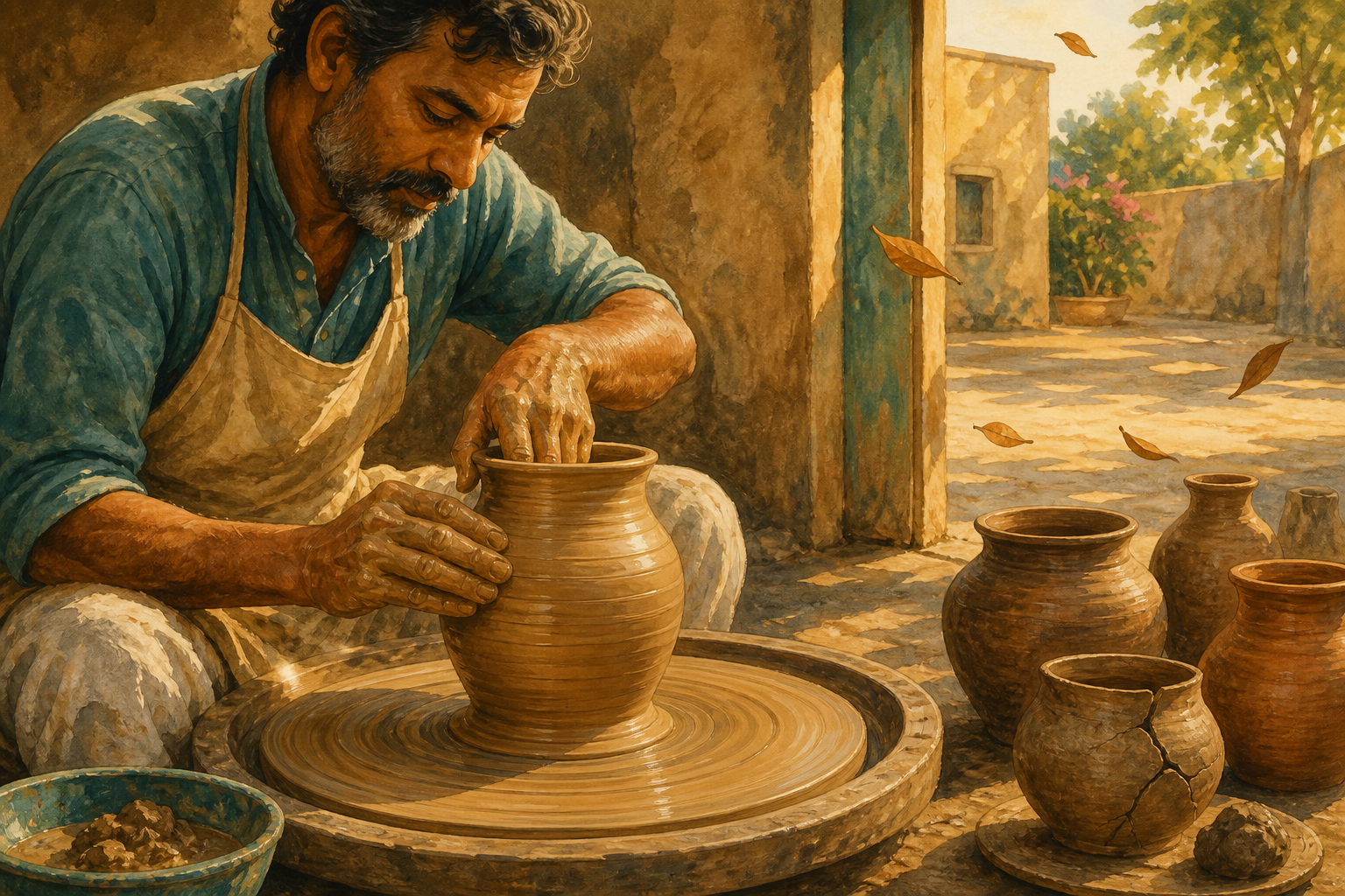 A potter concentrates on shaping a clay vessel while finished, cracked, and unformed pieces rest nearby in an open workshop.
