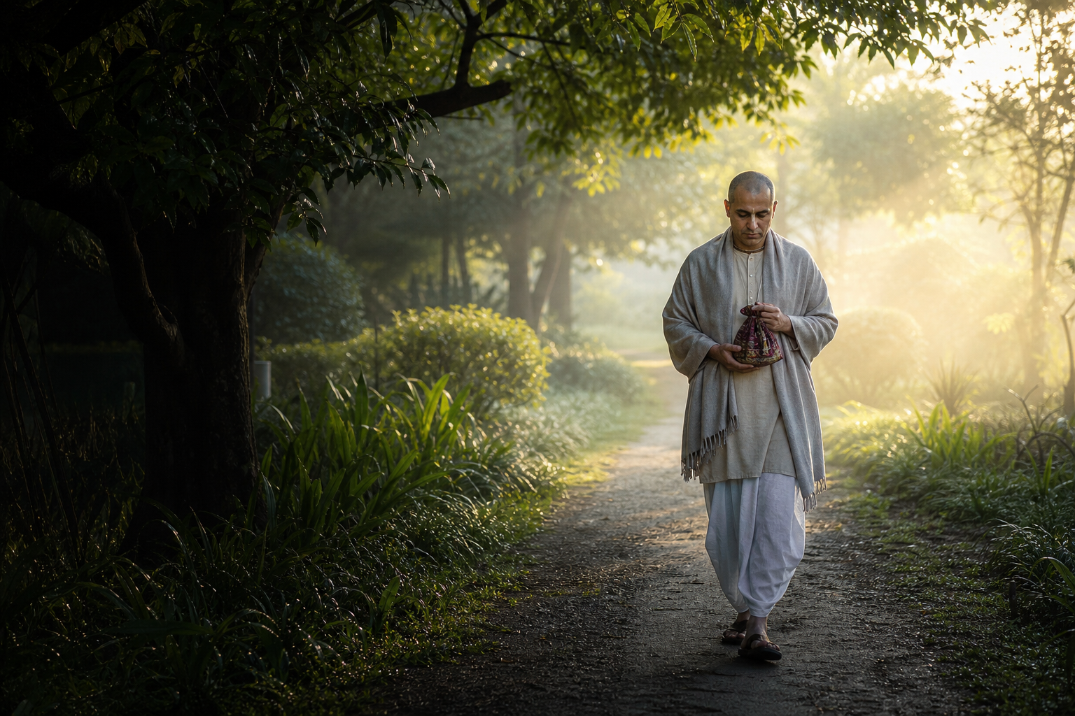A practitioner continues japa while walking slowly from a shaded garden path into warm morning light.