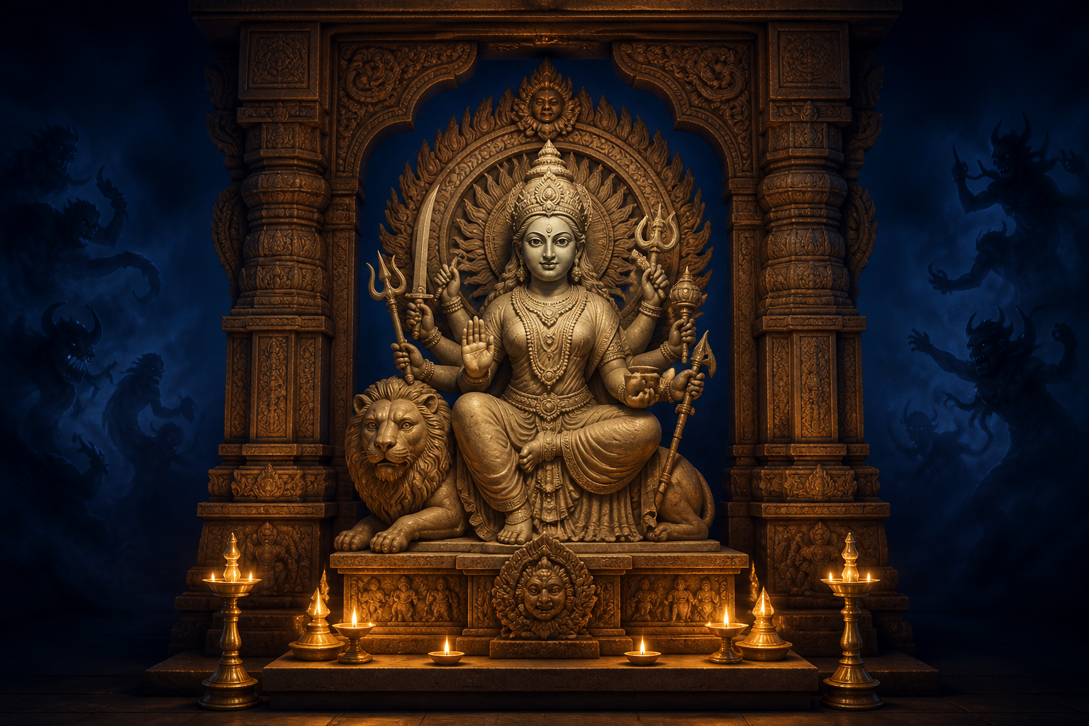 A warmly lit stone sculpture of Goddess Chamundi stands on a pedestal as indistinct shadow shapes fade at the edges of the scene.