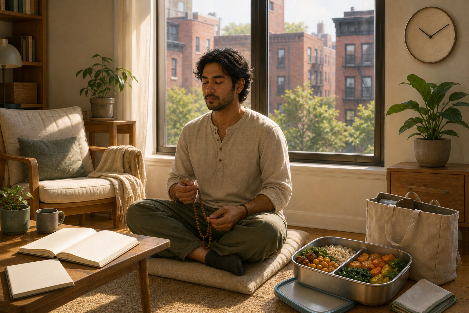 A person chants with wooden prayer beads in a New York apartment beside an open book and a container of vegetarian food prepared for service.