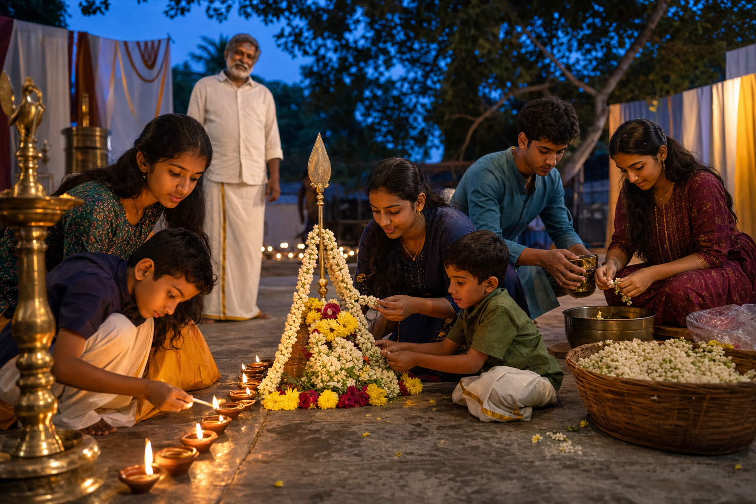 Tamil children and teenagers light clay lamps, arrange flowers, and organize serving vessels at a community Murugan gathering while elders look on.