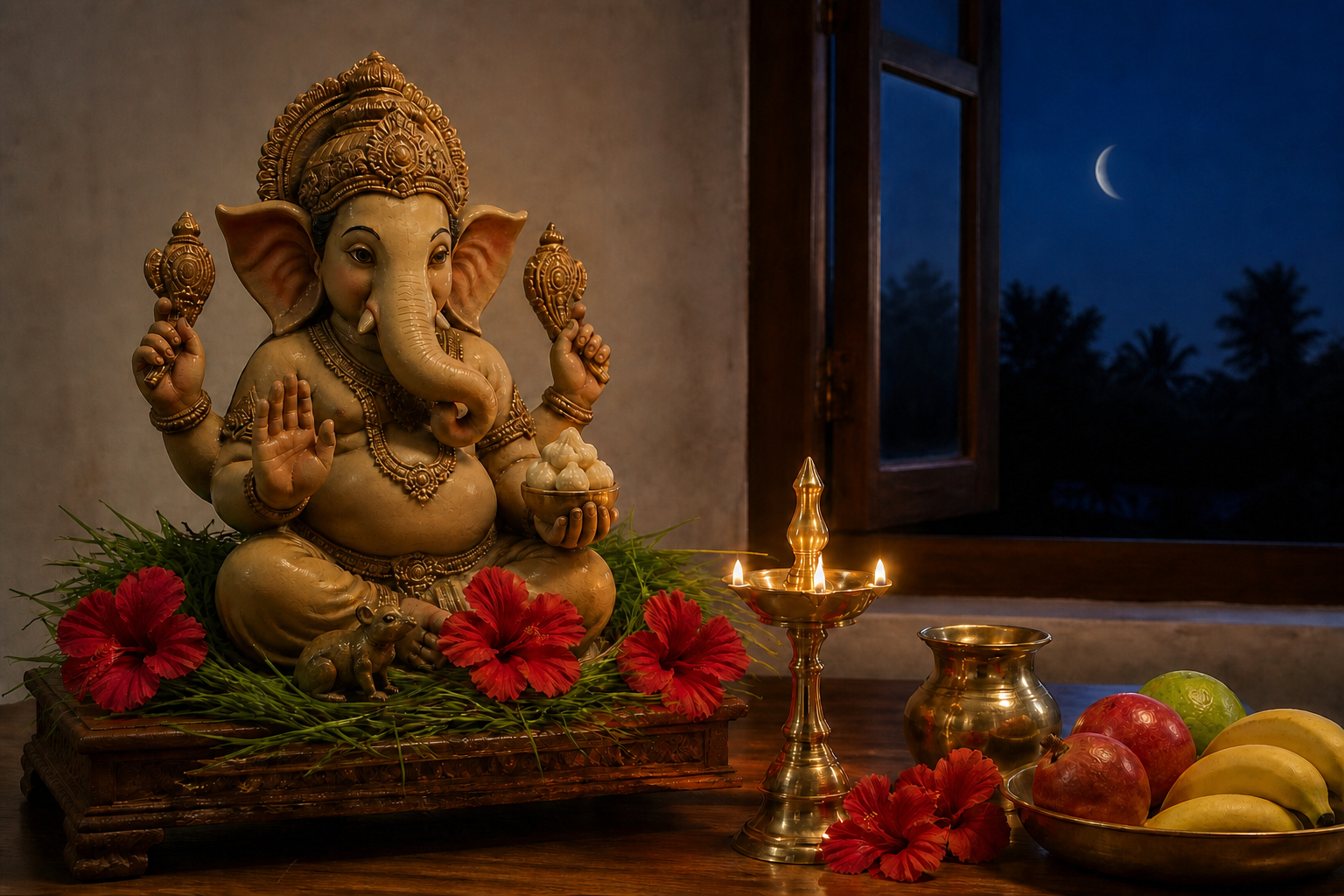 A home altar with a seated Ganesha murti, durva grass, hibiscus flowers, modakas, a brass lamp, and a waning moon visible through a window.