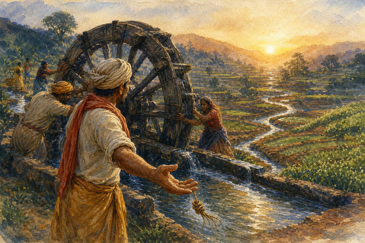 People turn a wooden irrigation wheel together as water flows into terraced fields and one worker releases a knotted cord.