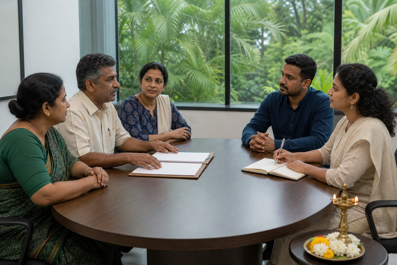 Community representatives and cultural administrators hold a calm meeting around a table with blank documents, a brass lamp and flowers nearby.