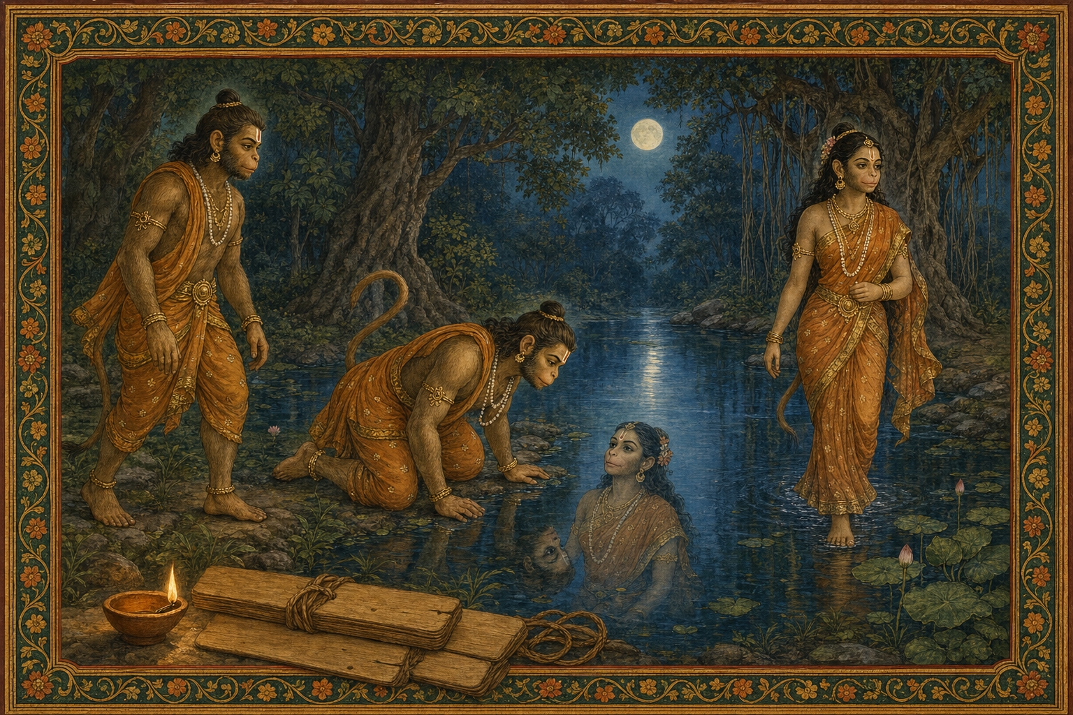 A continuous forest scene shows Riksharaja approaching a pond, seeing a feminine reflection, and emerging in a transformed embodiment beside uninscribed palm-leaf folios.
