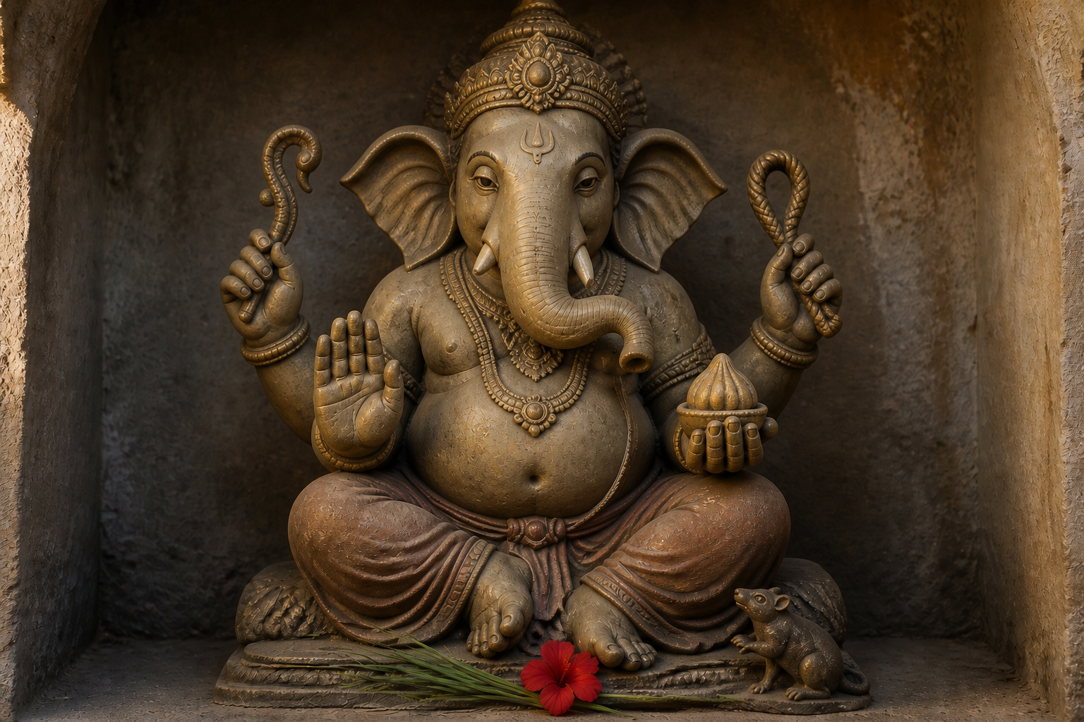 A seated four-armed Ganesha murti with a broken tusk, large ears, curved trunk, goad, noose, modaka, blessing hand, and a mouse at its feet.