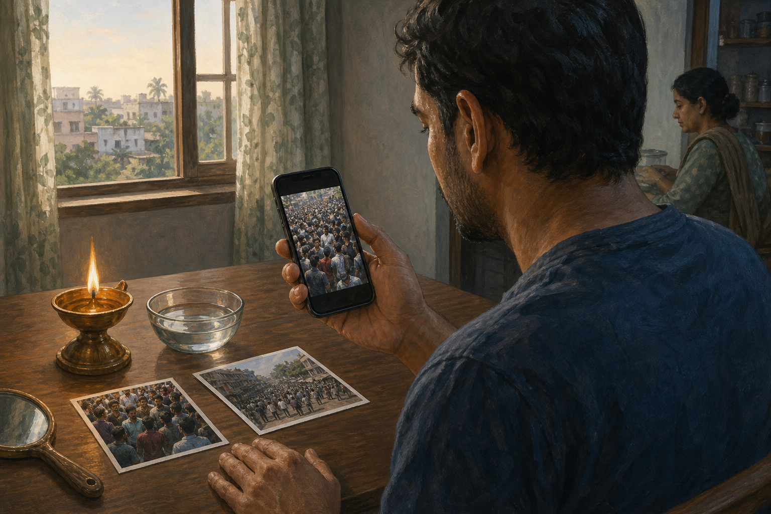 A person pauses with a smartphone beside an oil lamp, a bowl of water, a mirror, and two unmarked prints showing cropped and wider views of the same scene.