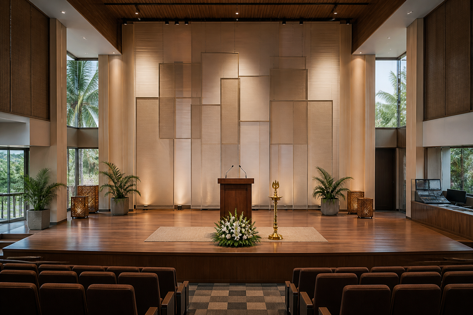An orderly modern auditorium stage contains microphones, a lectern and a brass ceremonial lamp beneath warm lighting.