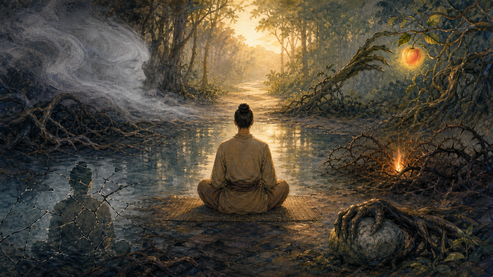 A person meditates beside a forest pool while mist, a broken reflection, reaching vines, thorny branches, and gripping roots surround an illuminated path.