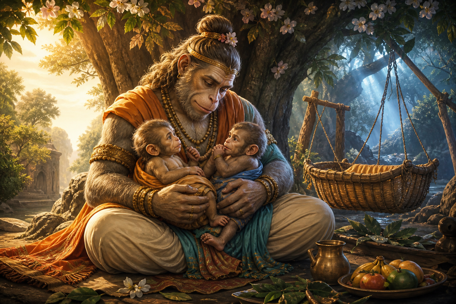 Riksharaja cradles two infant vanara children beneath a flowering tree beside a woven cradle and a small water vessel.