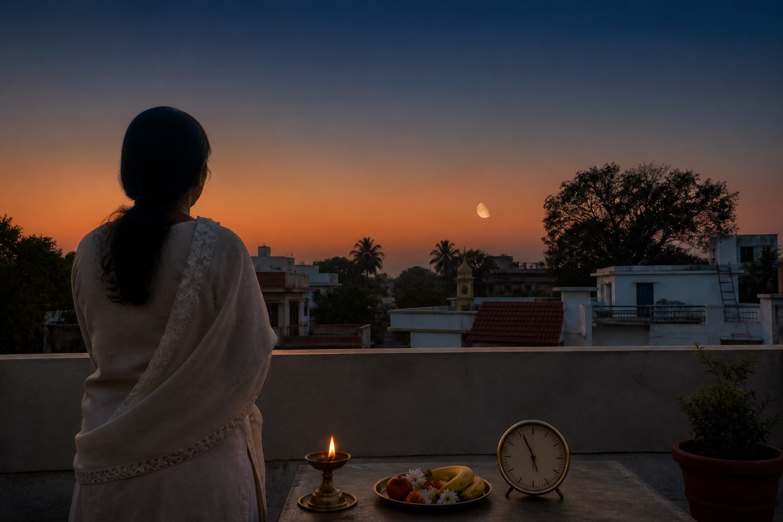 A person on a home terrace watches a waning moon rise above nearby rooftops beside a lamp and a small offering plate.