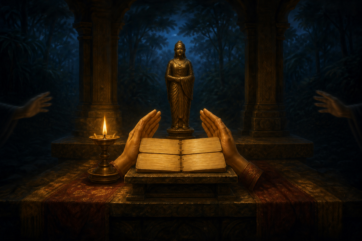An uninscribed palm-leaf manuscript and a balanced dual-aspect figure are protected by calm hands while shadowy hands pull from opposite sides.