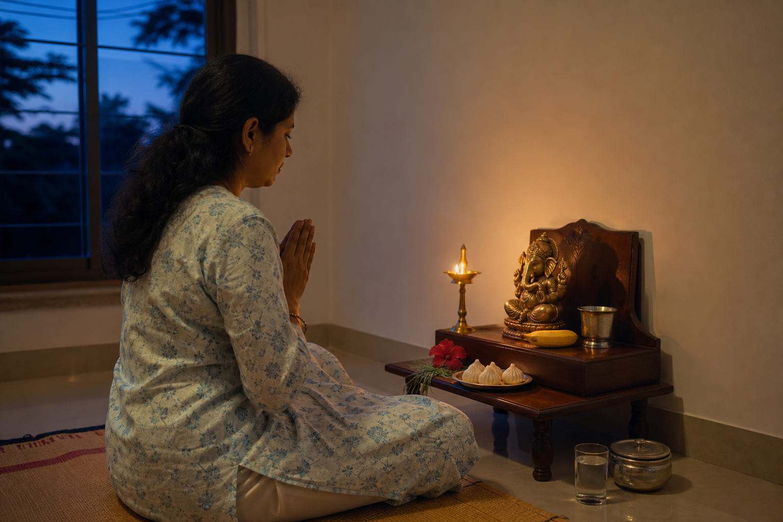 A devotee sits in prayer before a small home Ganesha shrine with a lamp, water, durva grass, flowers, fruit, and modakas.
