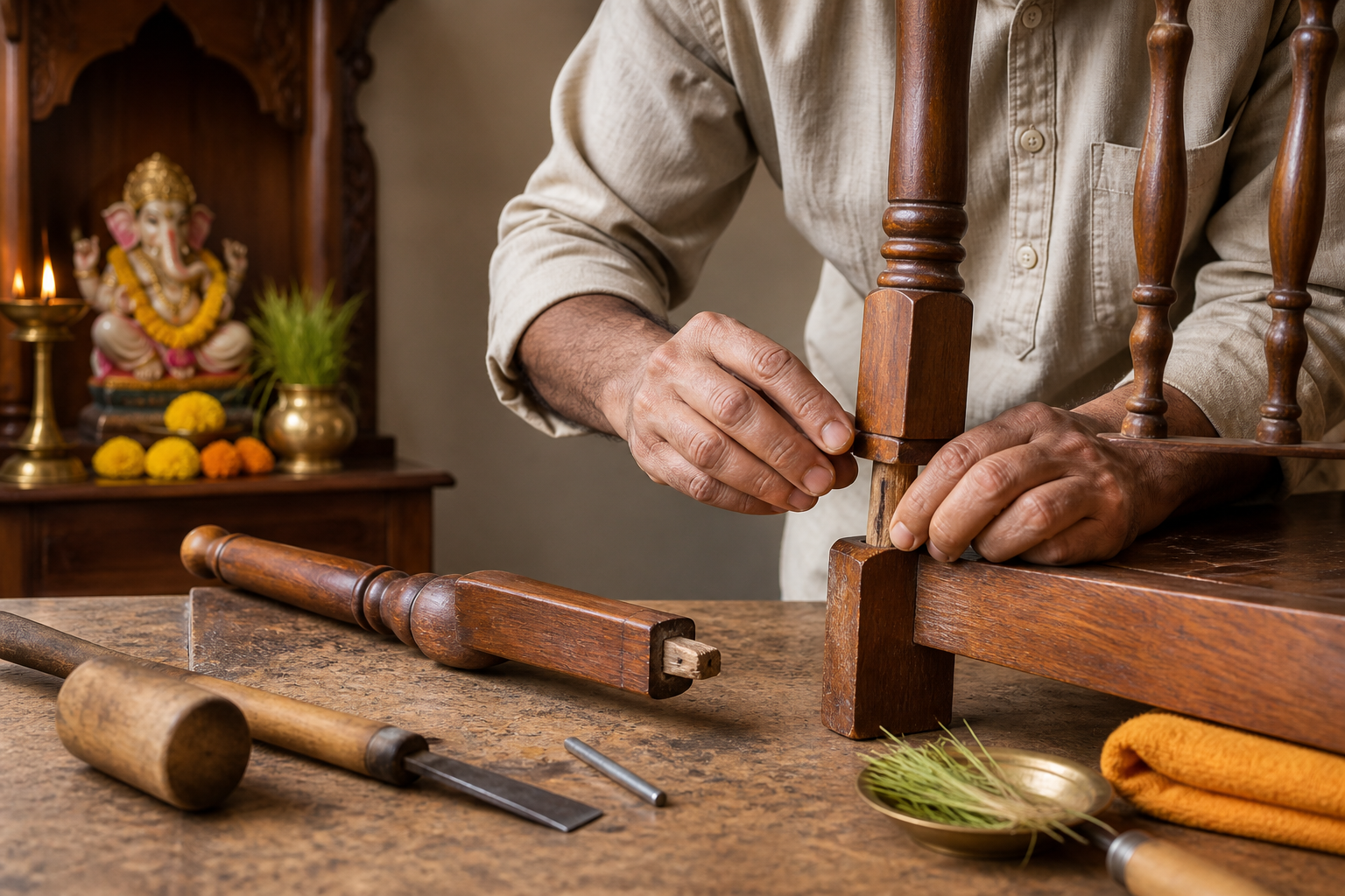 A person repairs a broken wooden chair at a worktable while a small Ganesha shrine and oil lamp stand in the background.
