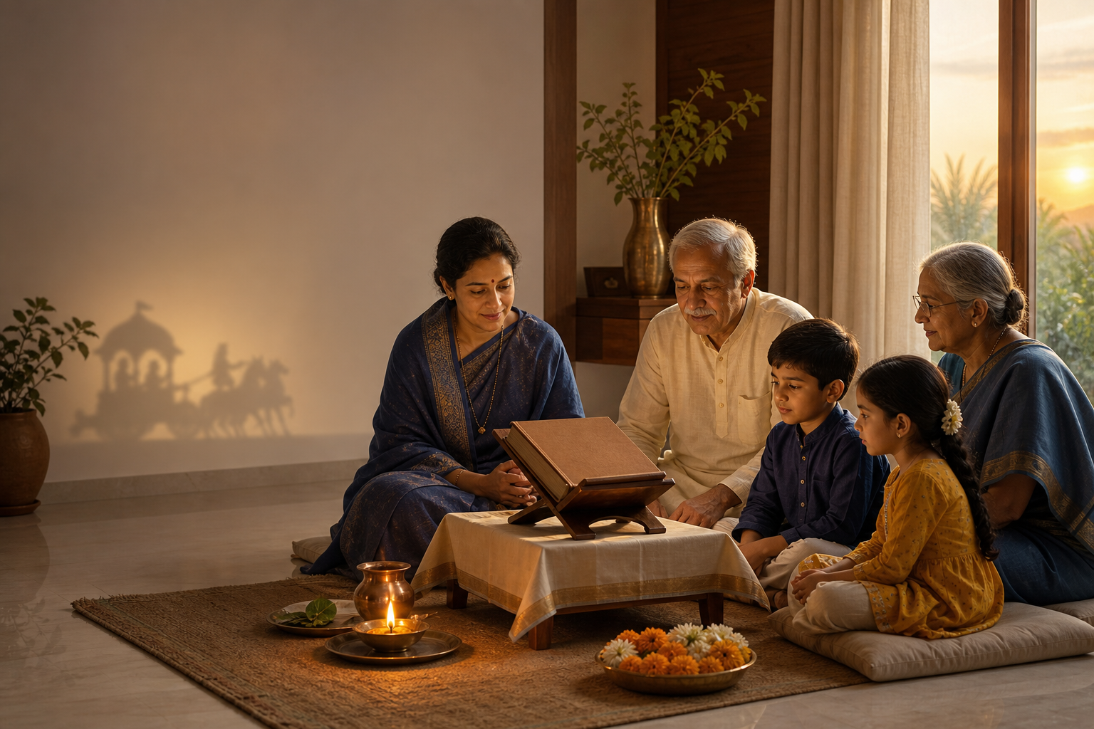 A multigenerational family sits around a clothbound sacred book, a brass lamp, tulsi leaves, and marigolds in a home at dawn, while the lamp casts a faint chariot-shaped shadow.