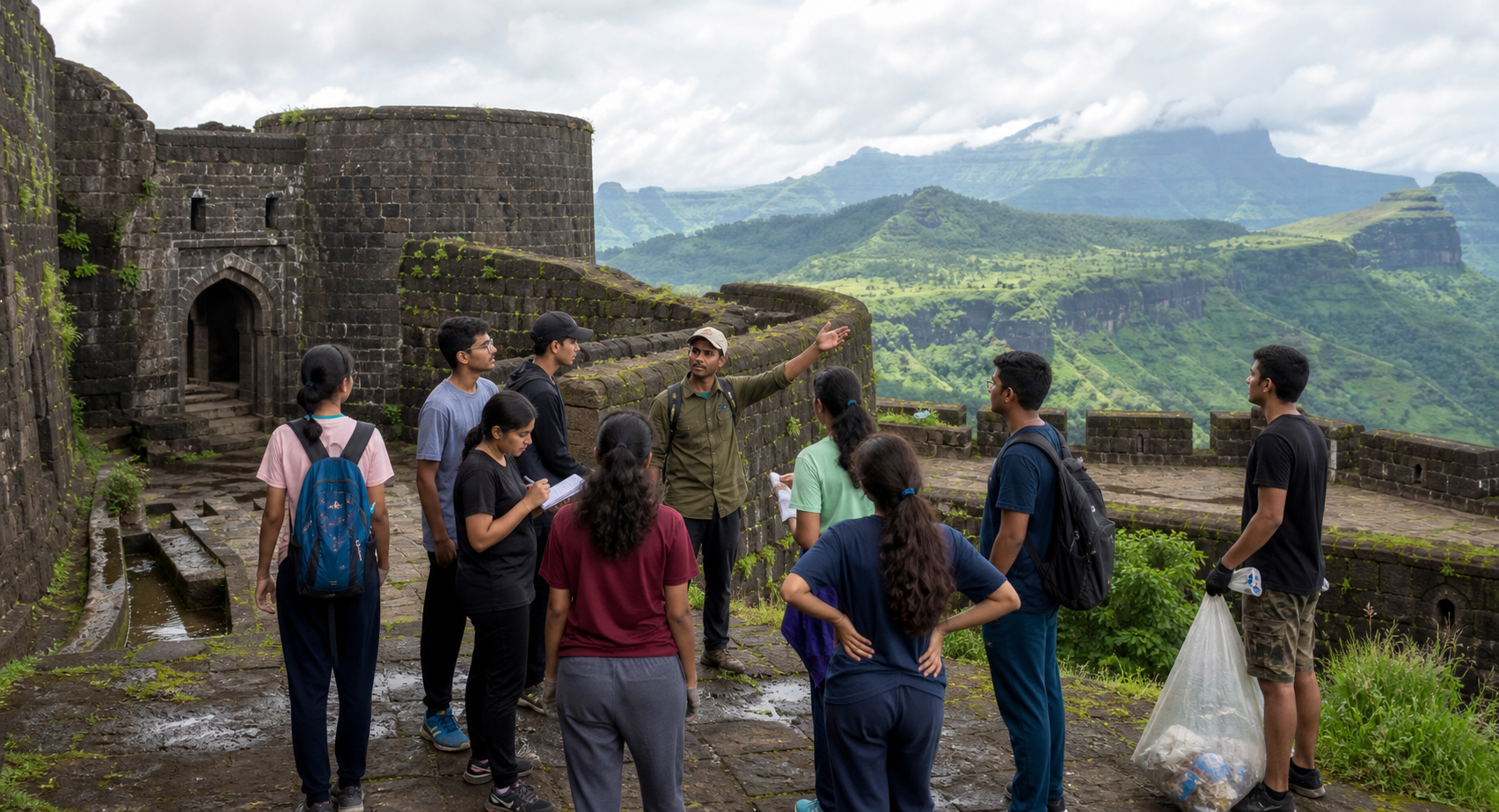 Young people and a heritage facilitator examine the stone ramparts and landscape of a Maratha hill fort in Maharashtra.