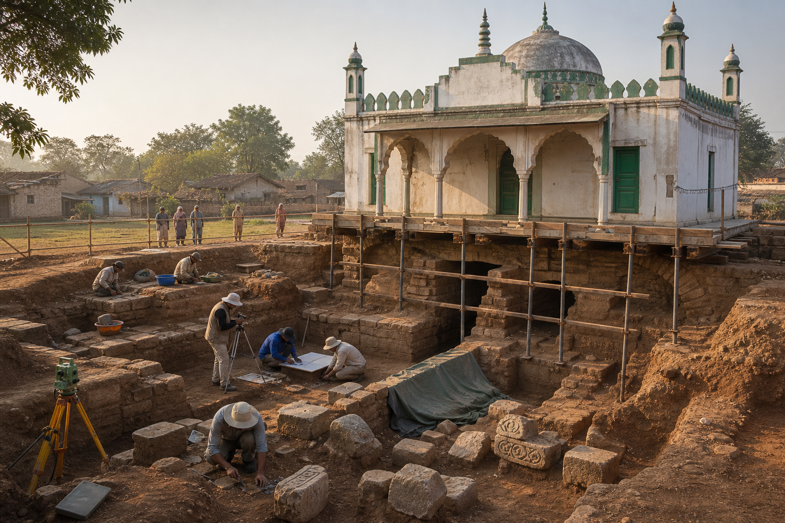 Archaeologists carefully document soil layers, old masonry, and carved stone fragments beside a protected village mosque.