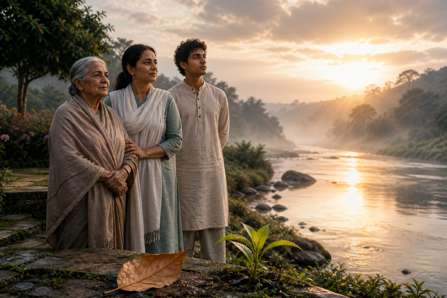 A multigenerational South Asian family stands beside a misty river at dawn near a fallen leaf and a fresh green shoot.