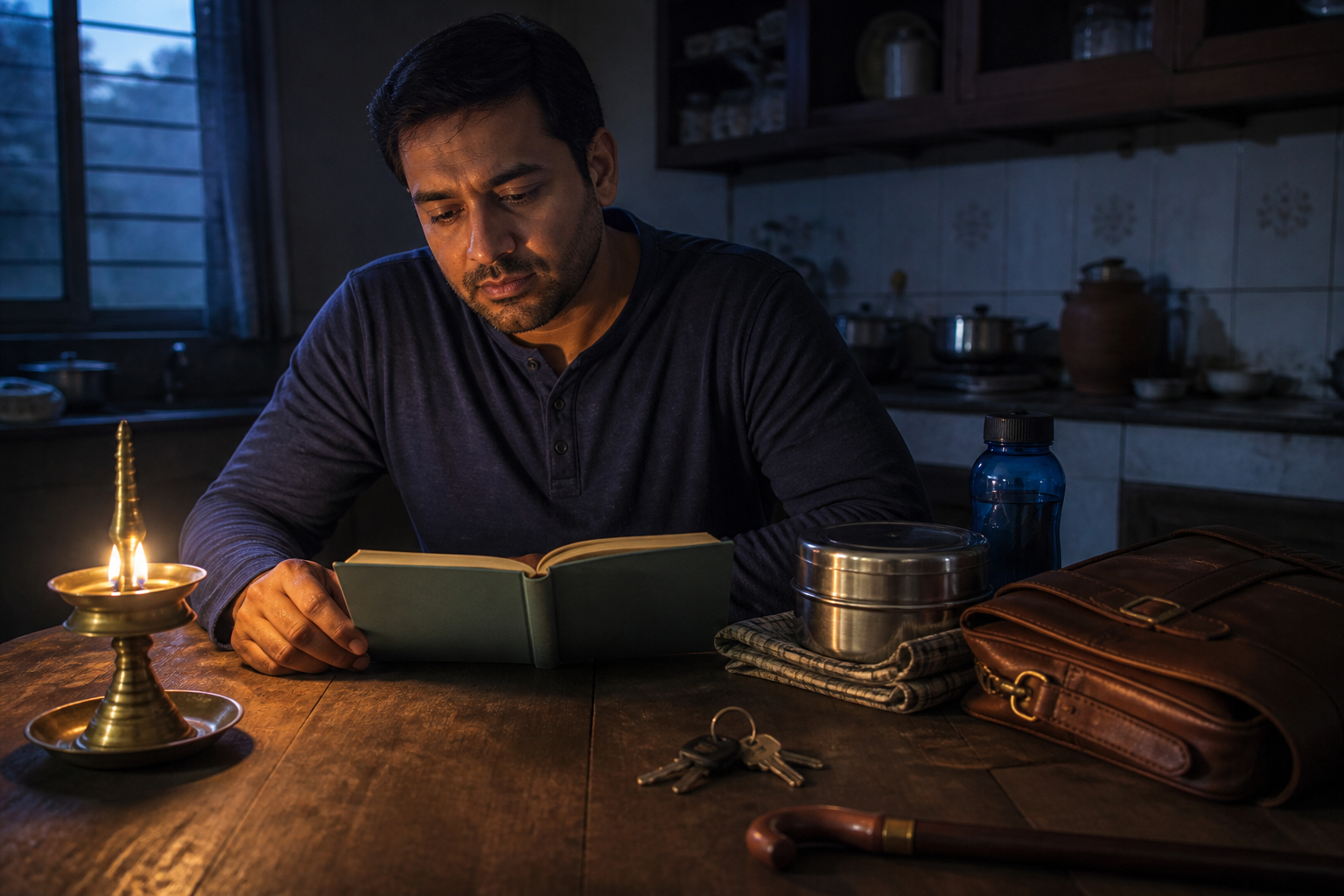 An adult reflects over a sacred book at a kitchen table beside a work bag, packed lunch, keys, water bottle, and walking cane before sunrise.