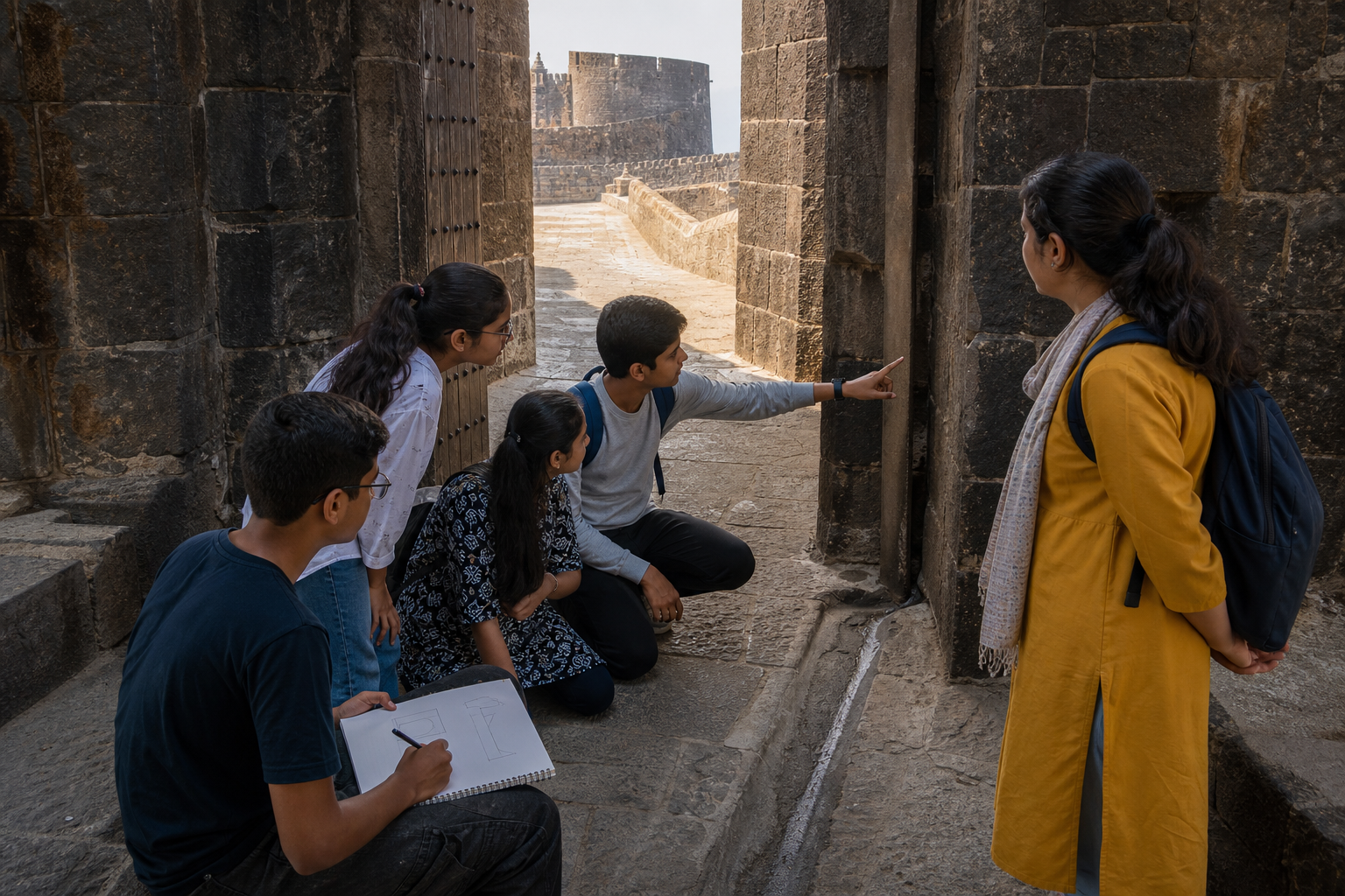 Teenagers inspect the gateway, stone joints, threshold, and drainage features of a Maratha fort while taking field notes.