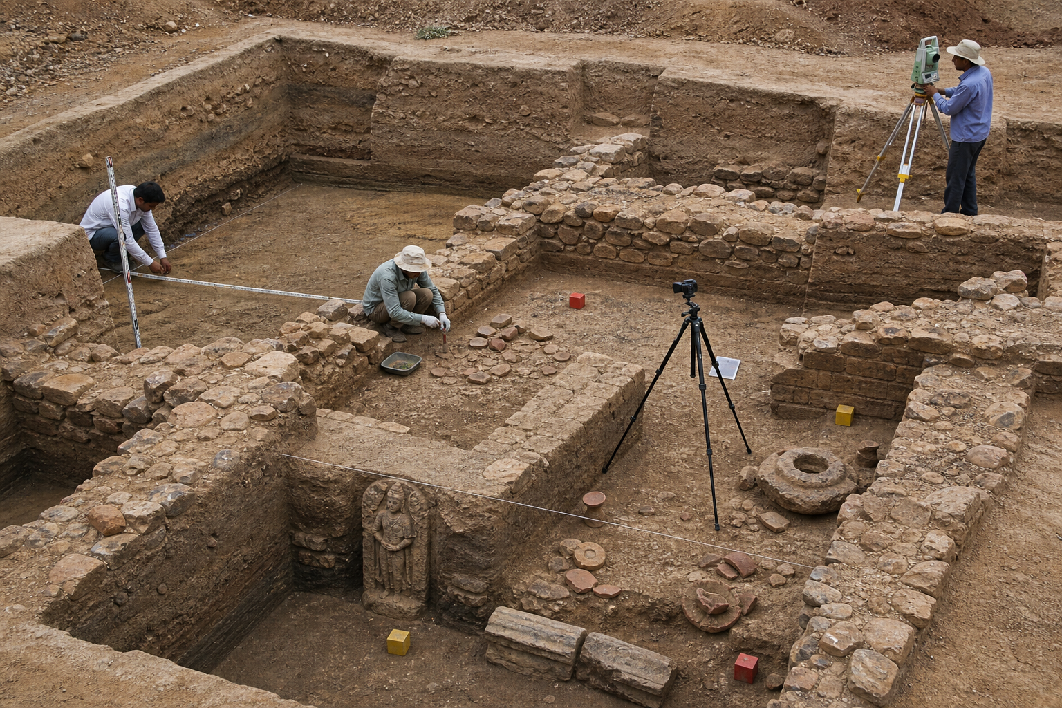 An archaeological team records layered foundations and artifacts in a measured excavation grid before removing them.