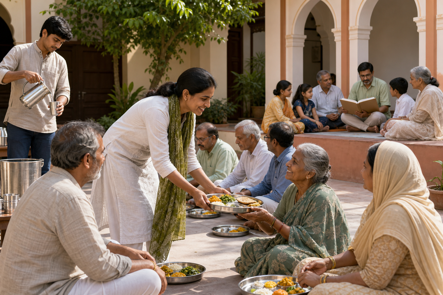 Volunteers serve a vegetarian meal and water to seated guests in a sunlit courtyard while a small study circle meets in the background.