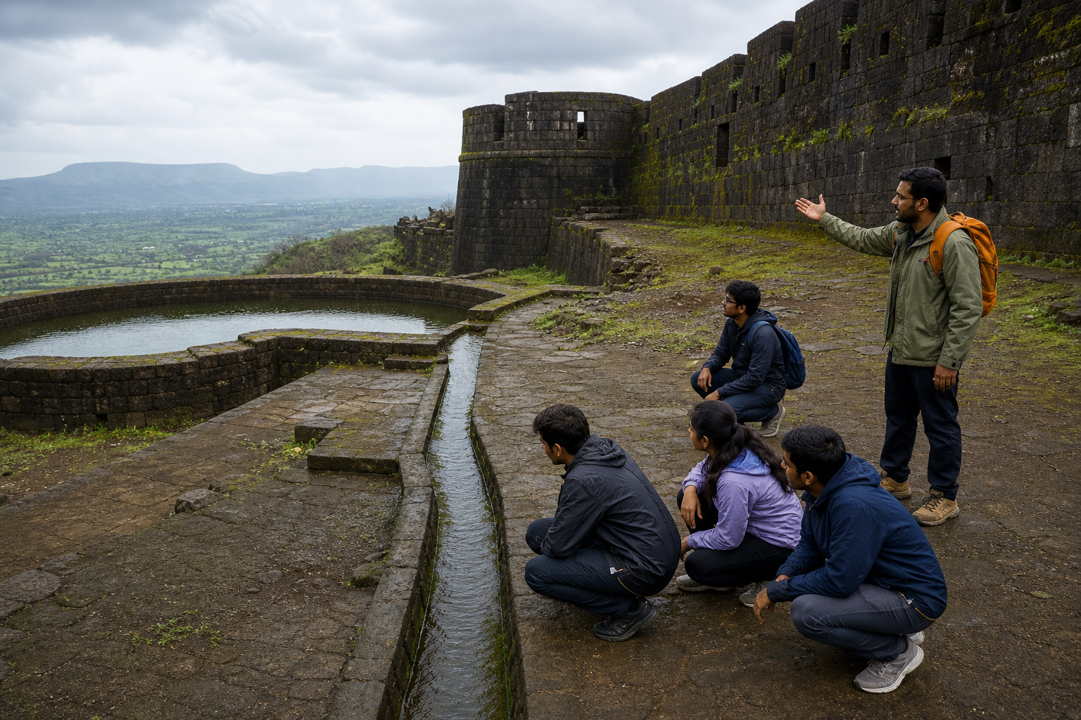 Young visitors study a rainwater channel, cistern, courtyard slope, and defensive wall inside a Maratha hill fort.