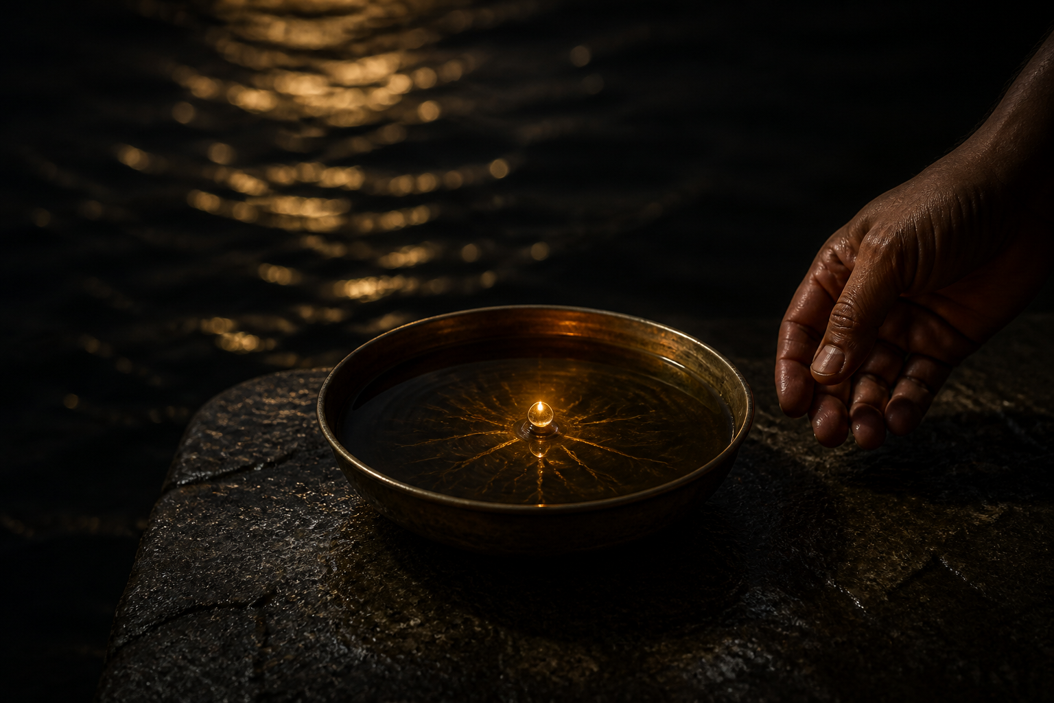 A bright oil droplet rests at the center of a bronze vessel while a hand pauses nearby and faint ripples spread outward.