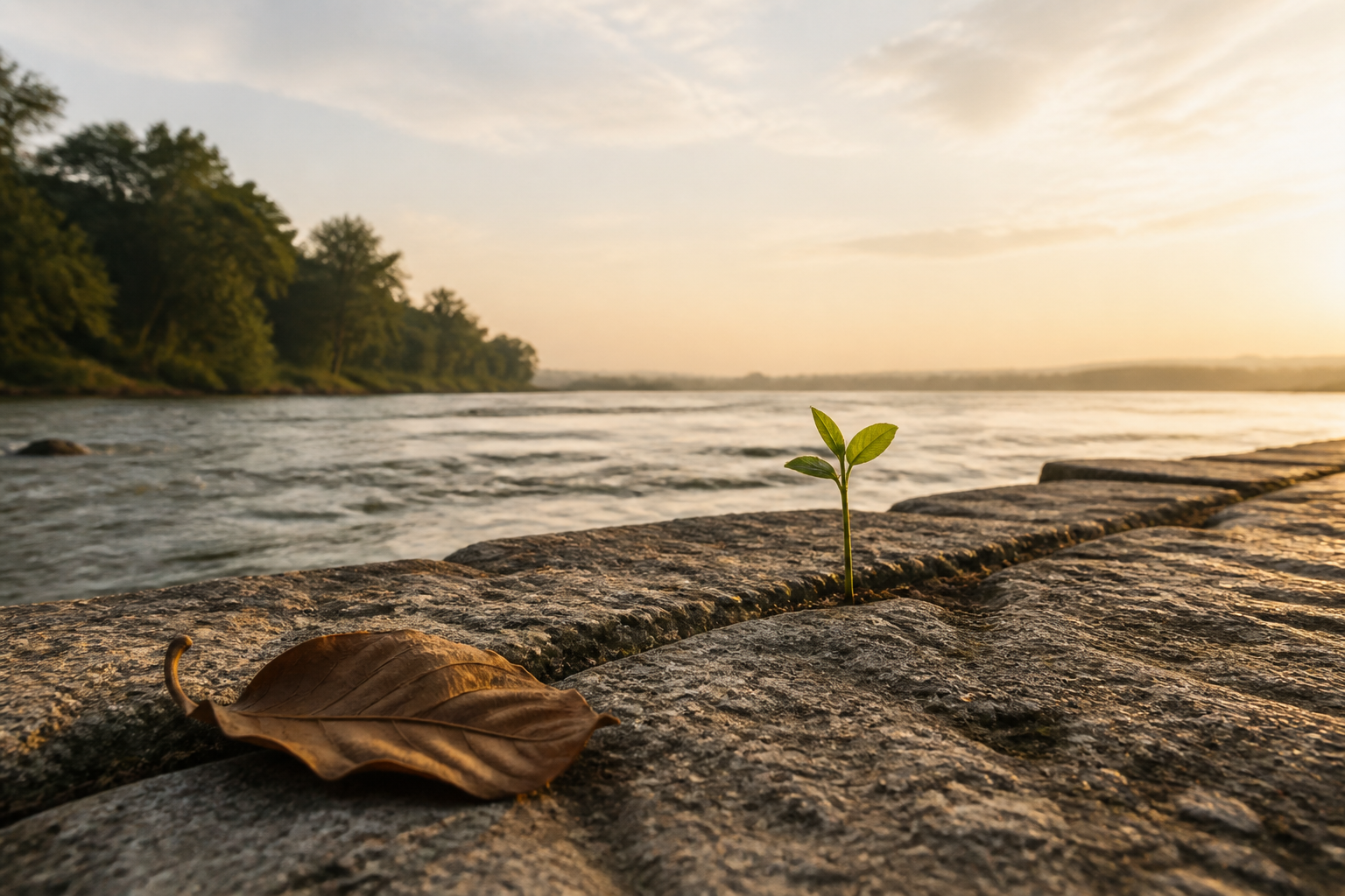 A dry leaf, a green seedling, and a sunlit river landscape appear at different depths along a stone ledge.