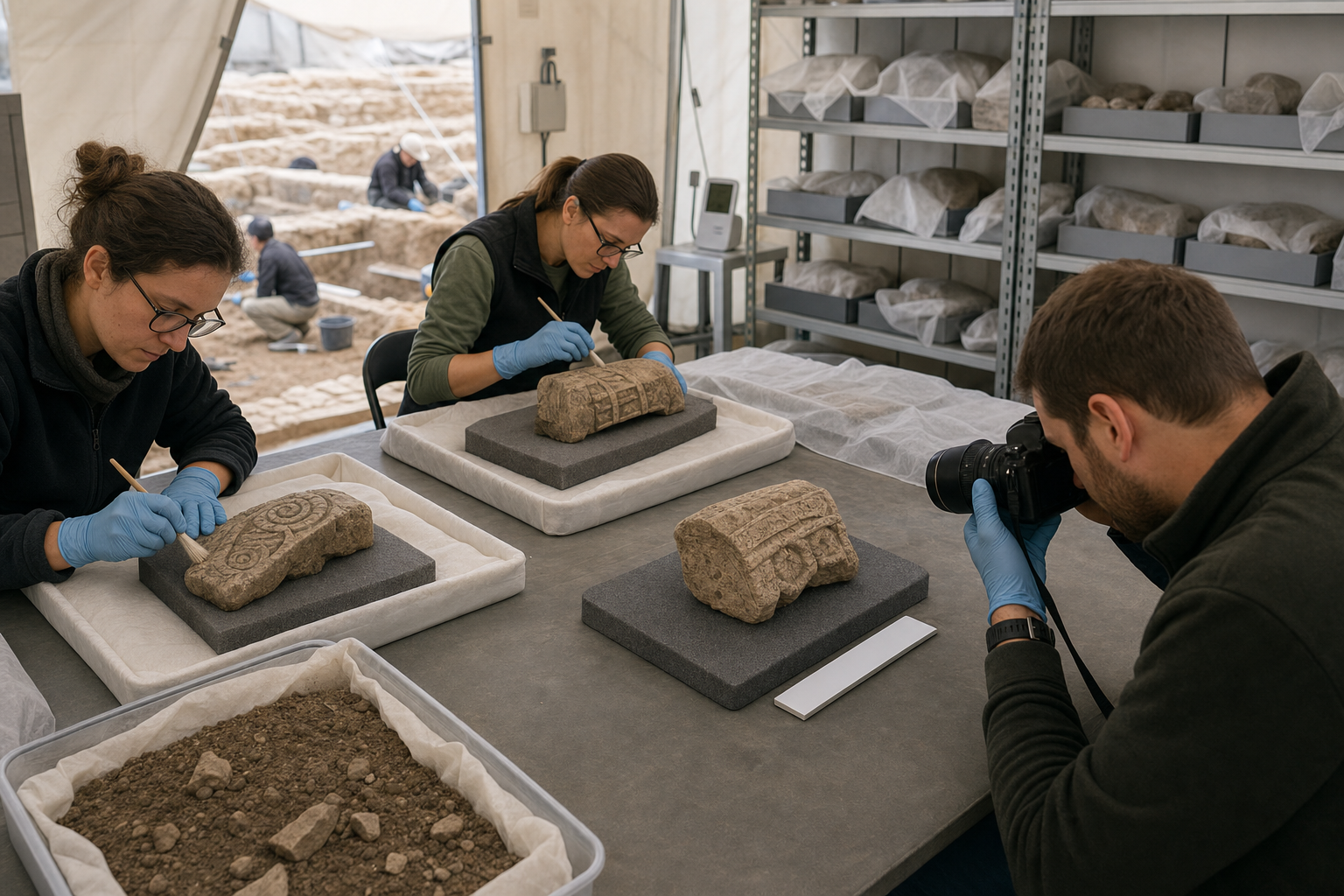Conservators photograph and stabilize excavated stone fragments on padded trays in a secure workspace.