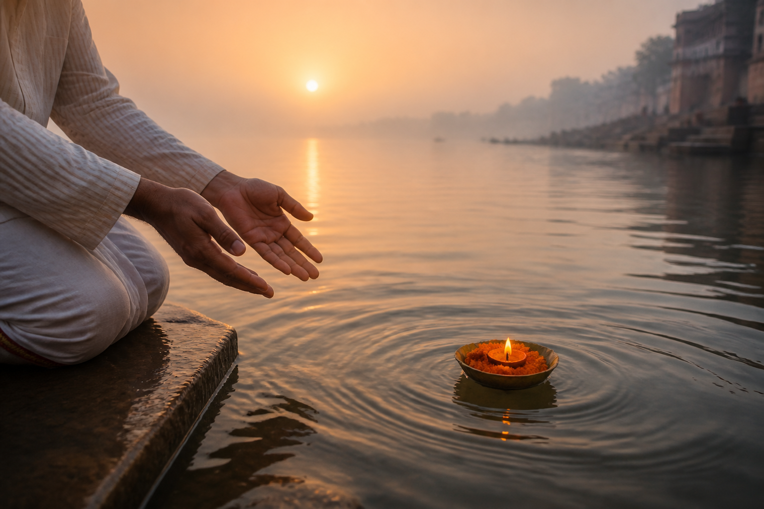 A kneeling devotee releases a leaf bowl with marigold petals and a small flame into the river with open hands.