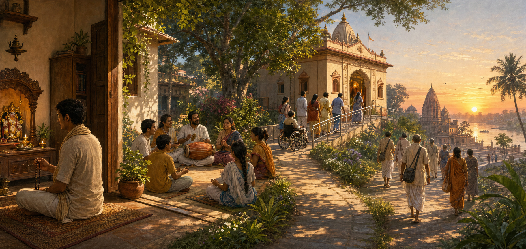 A continuous landscape shows home japa, a small neighborhood kirtan, an accessible local temple, and pilgrims approaching a distant riverside sacred site.