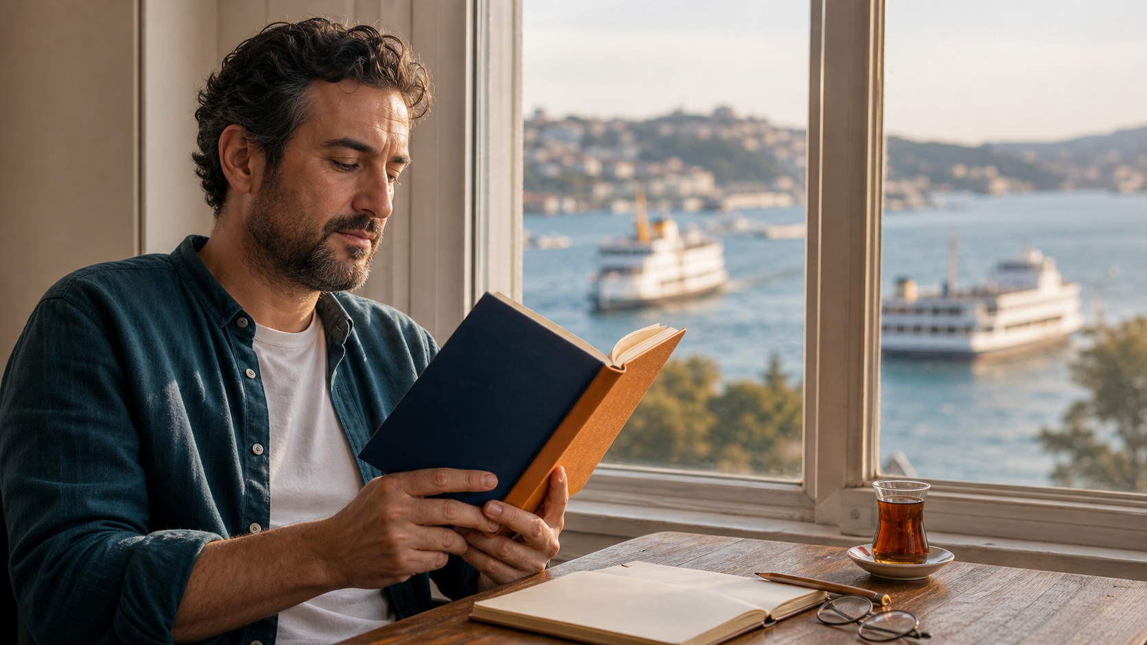 A reader studies a plain clothbound book beside a Bosphorus-facing window, with a notebook, pencil, glasses, and Turkish tea on the table.
