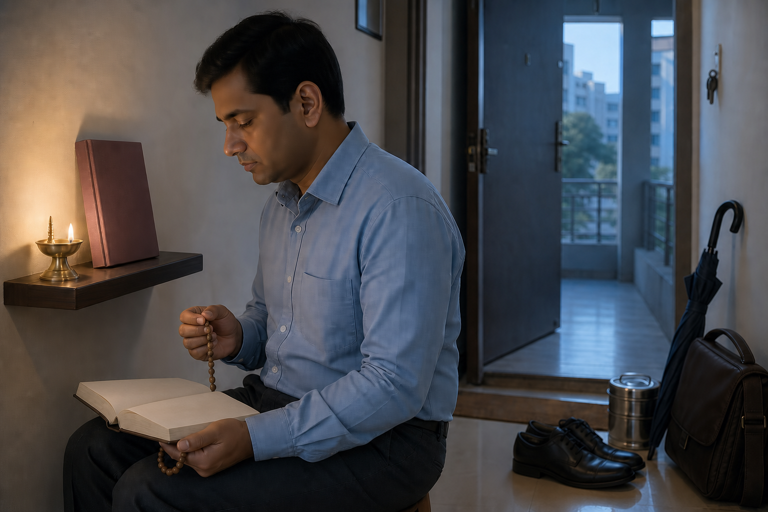 A person dressed for work spends a quiet moment beside a sacred book and brass lamp while shoes, an umbrella, lunch, and a shoulder bag wait by the door.