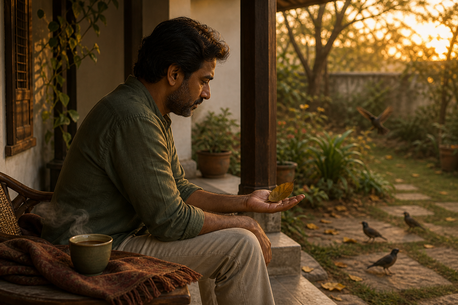 An adult sits peacefully on a veranda at sunset while looking at a fallen leaf in an open hand.