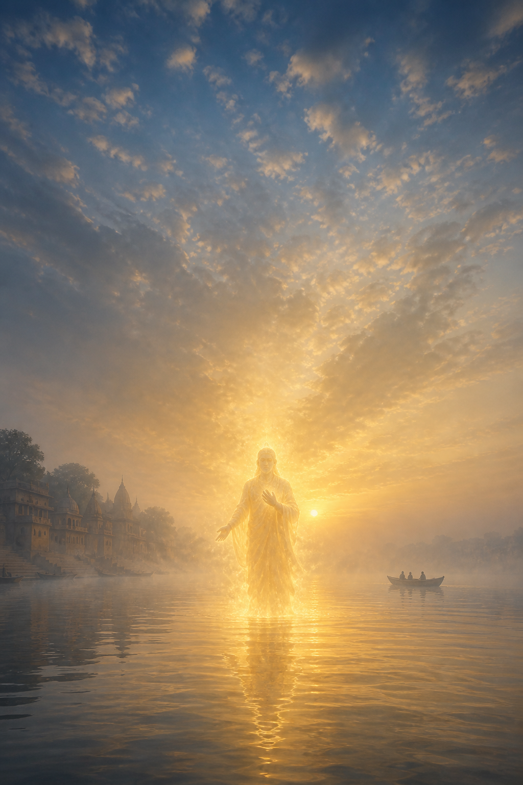 A human-like sacred figure forms from golden sunlight within river mist, with a small boat and the ghats of Kashi in the distance.