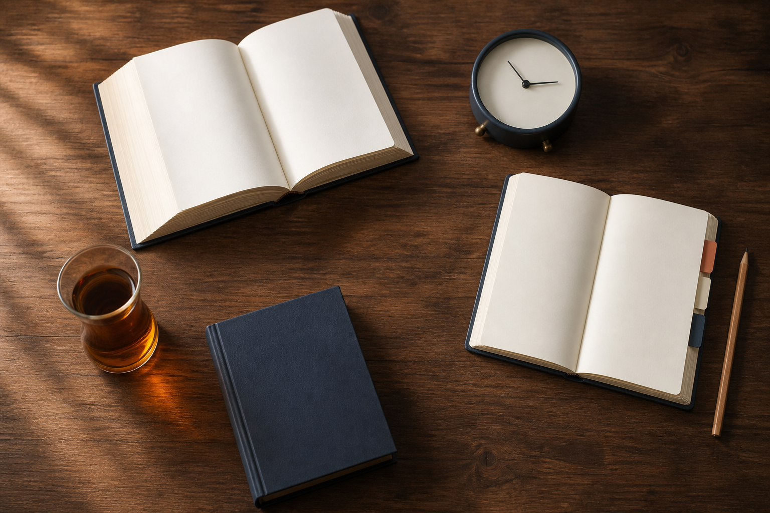 An open book, blank notebook, pencil, clock, reference volume, and glass of tea are arranged on a wooden study desk.