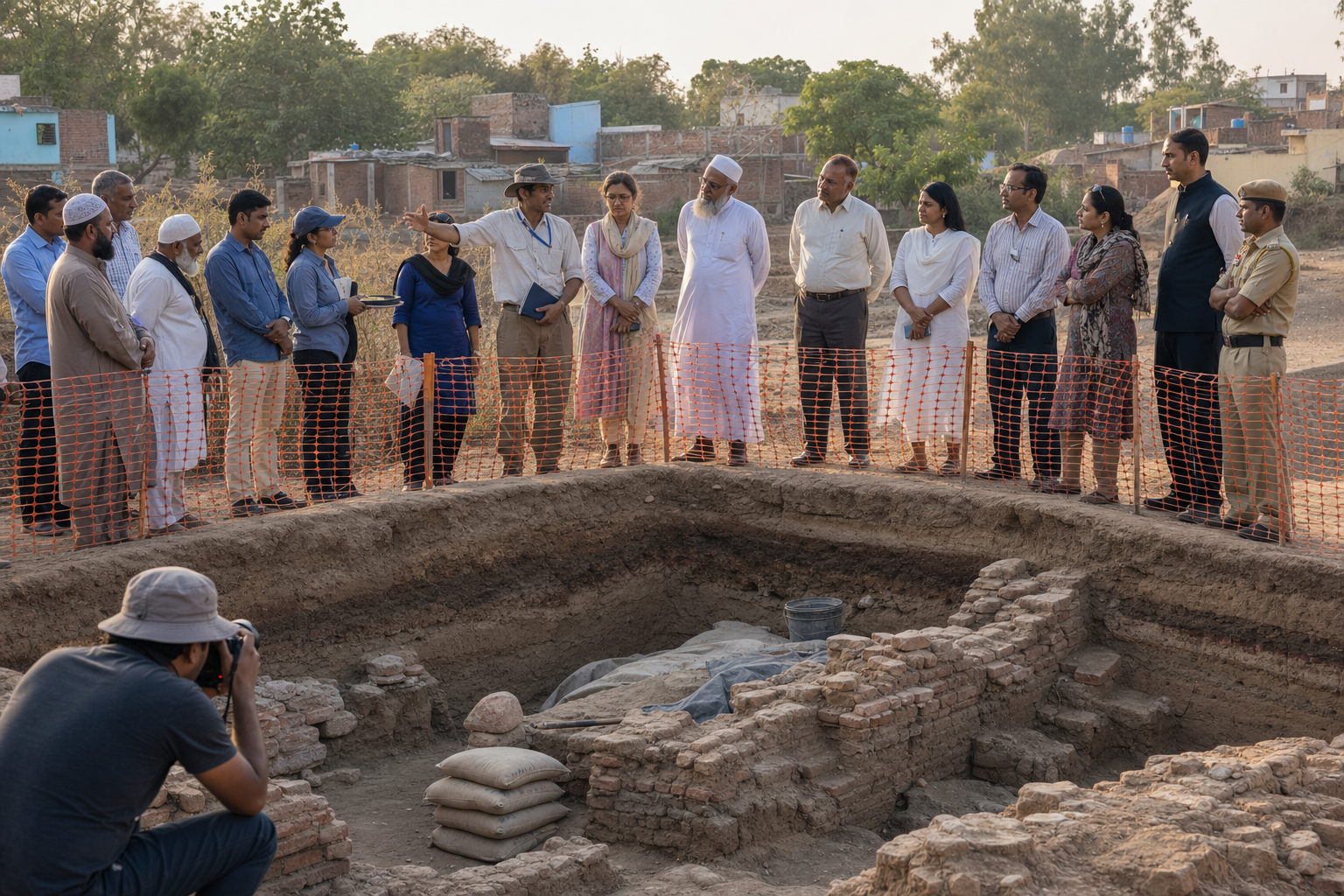 Archaeologists and local Hindu and Muslim representatives jointly observe protected foundations at an excavation site.