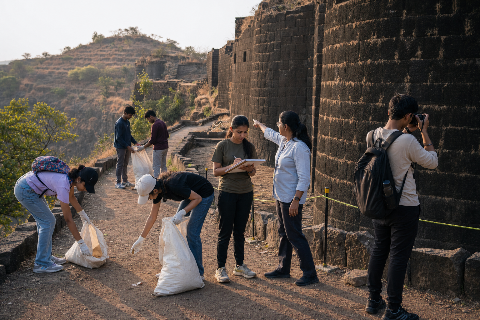 Supervised youth volunteers collect modern litter and document erosion beside a protected stone wall at a Maratha fort.
