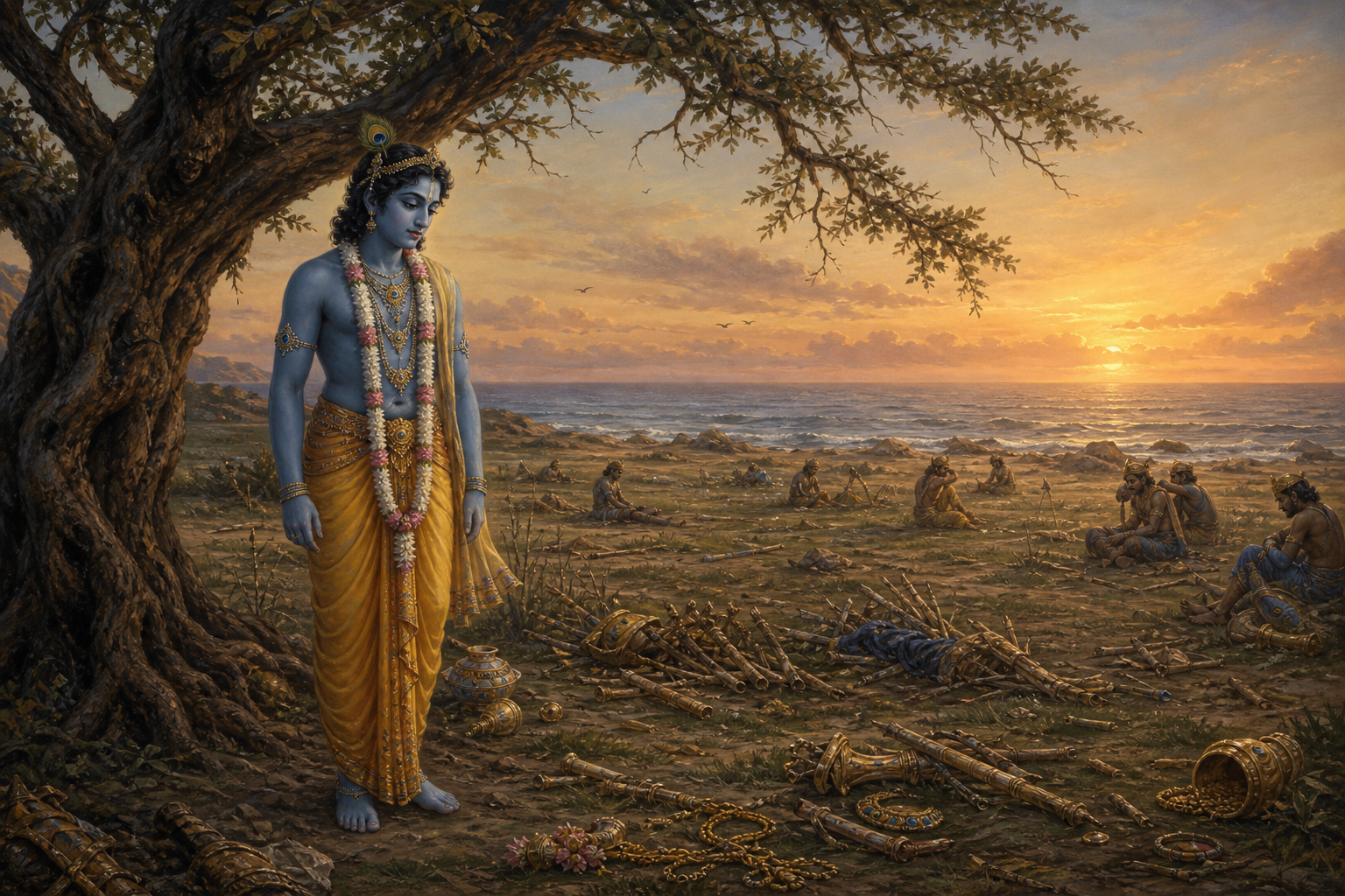 Krishna stands beneath a tree at twilight overlooking the non-graphic aftermath of the Yadu clan's conflict on the coast at Prabhasa.