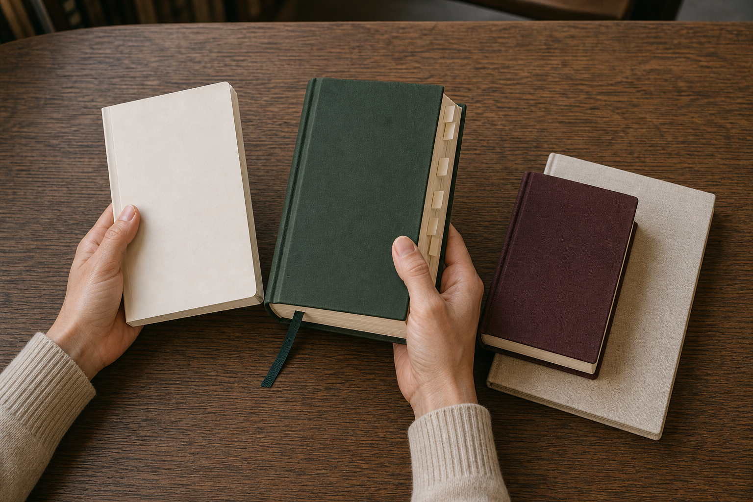 A reader compares three unmarked books of different sizes and formats on a table, including a paperback, a tabbed hardcover, and a clothbound volume.