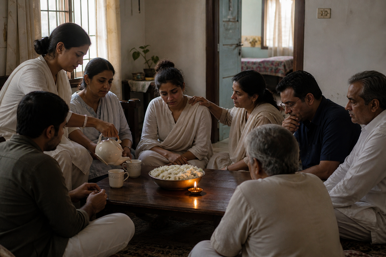 Family members and friends gather around white flowers and a small lamp while comforting a grieving person in a home.