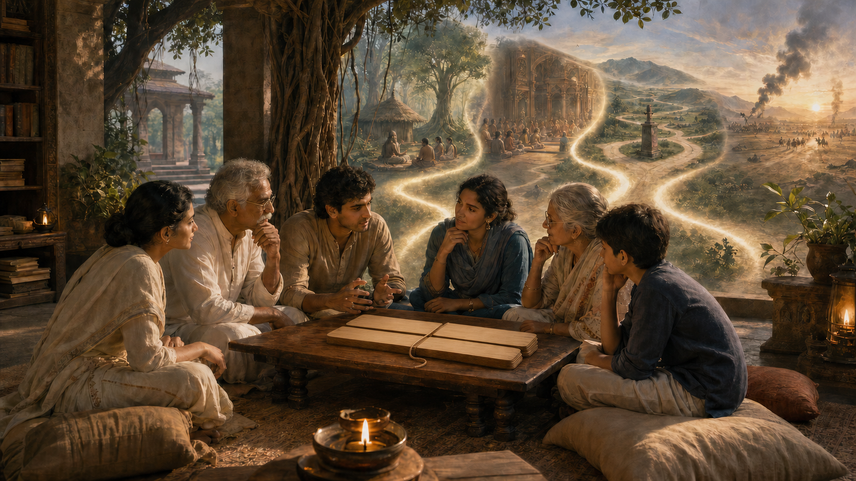 A multigenerational study circle gathers around an open palm-leaf manuscript as a luminous path extends toward a forest, palace, crossroads, and distant battlefield.