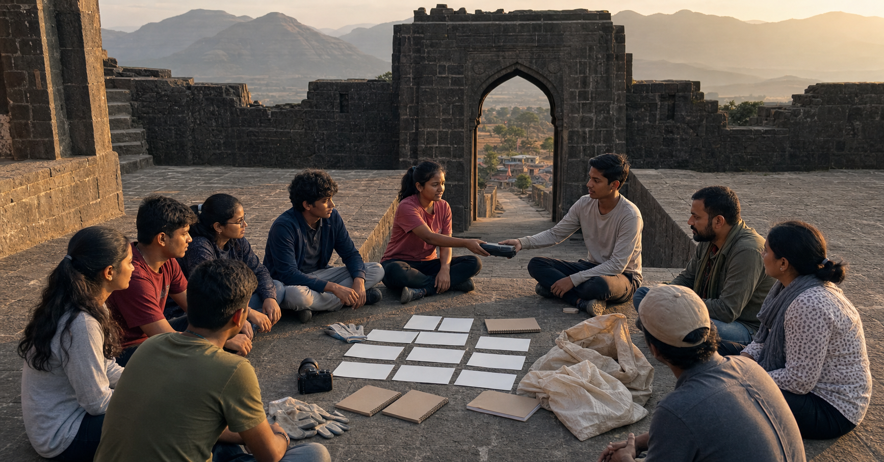 Young participants and local mentors hold a closing discussion with fieldwork supplies in a Maratha fort courtyard overlooking a village path.