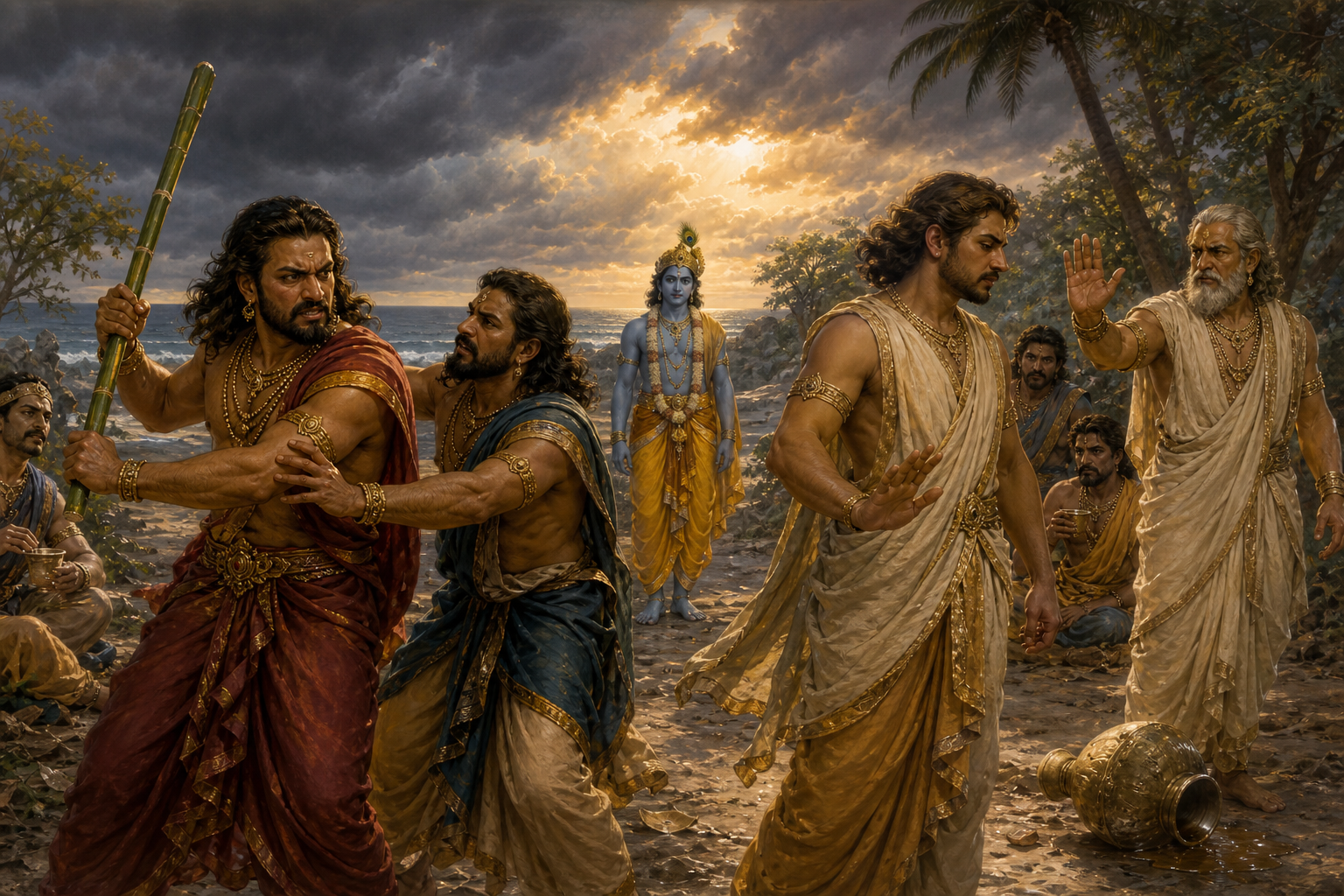 Yadu nobles respond differently as a dispute escalates while Krishna watches from the background in a coastal grove.