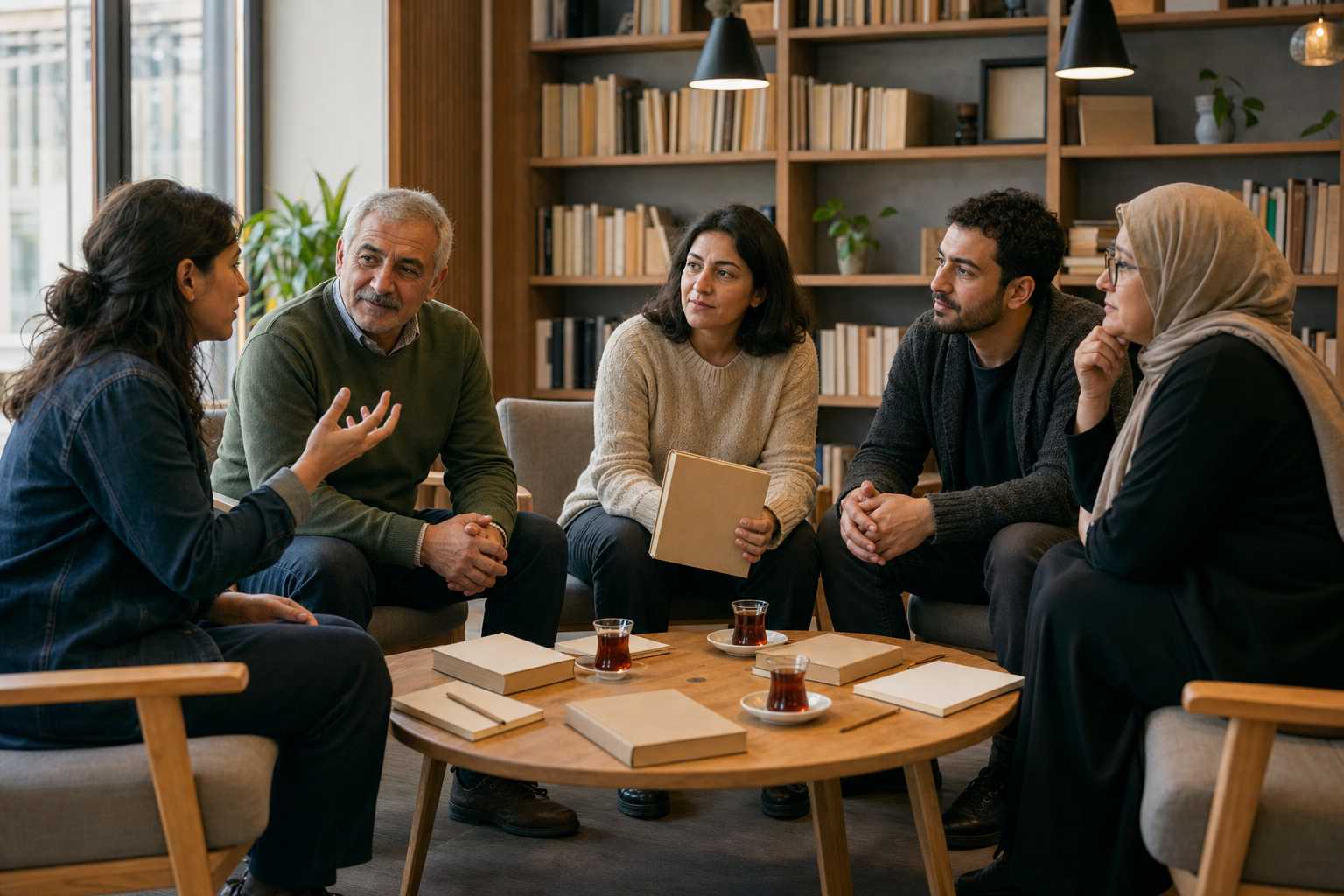 Five adults have a respectful discussion around a low library table with unmarked books, blank notebooks, pencils, and glasses of tea.
