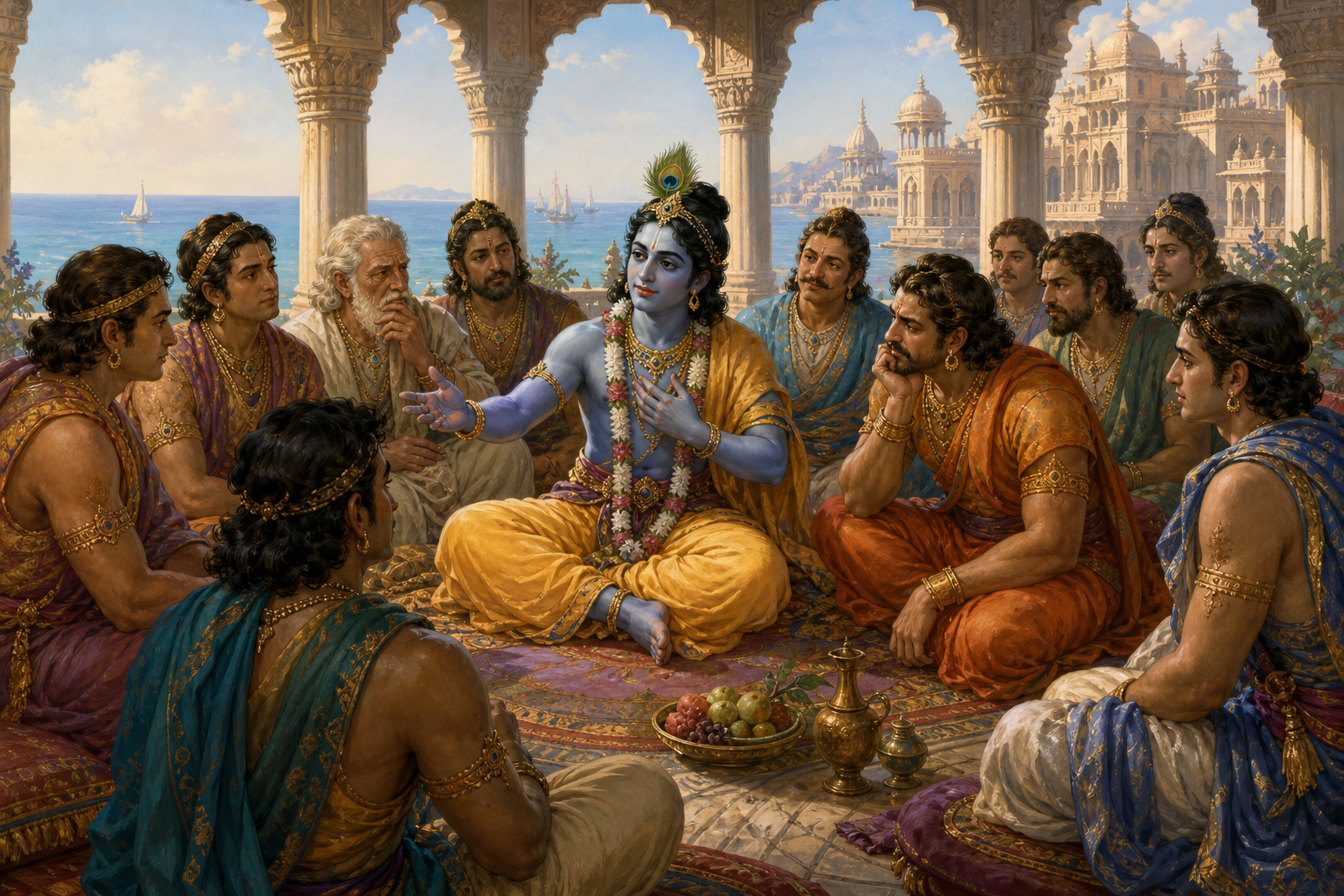 Krishna counsels Yadu relatives and elders gathered closely around him in an open palace hall at Dvaraka.