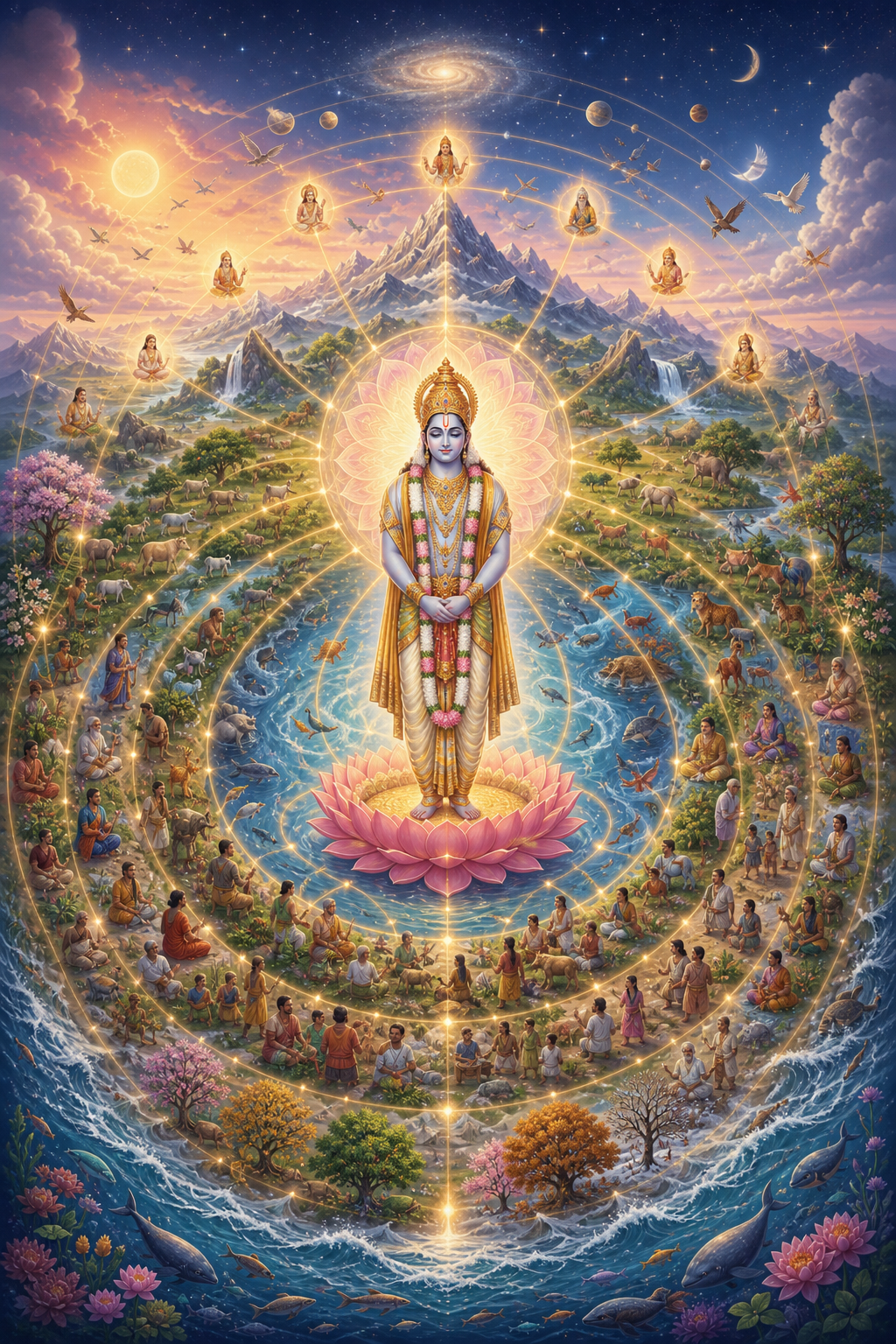 A still luminous divine figure surrounded by a changing cosmos of stars, landscapes, plants, animals, and people connected by golden light.