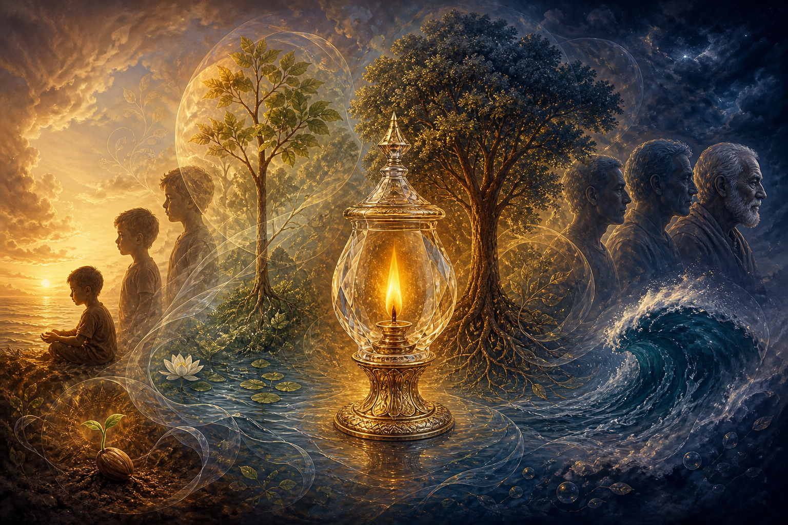 An unchanged flame in a crystal lamp is surrounded by plants, water, clouds, and human forms undergoing visible change.