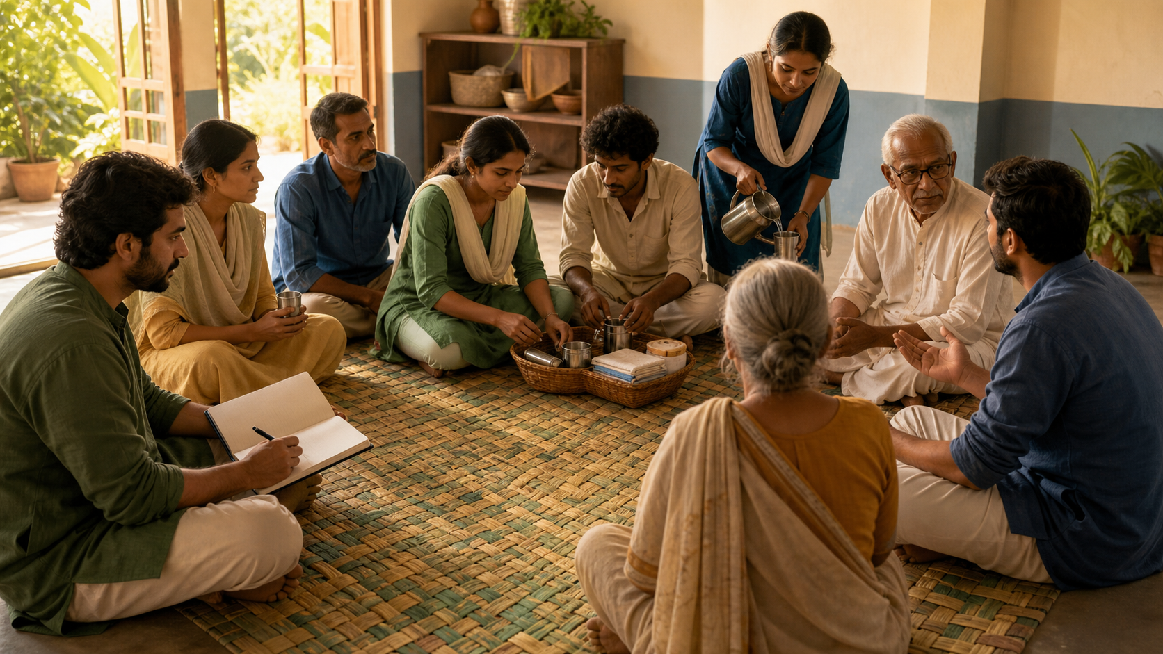 A multigenerational South Asian community sits in a circle while members document a decision, count shared supplies, serve water, and listen to one another.